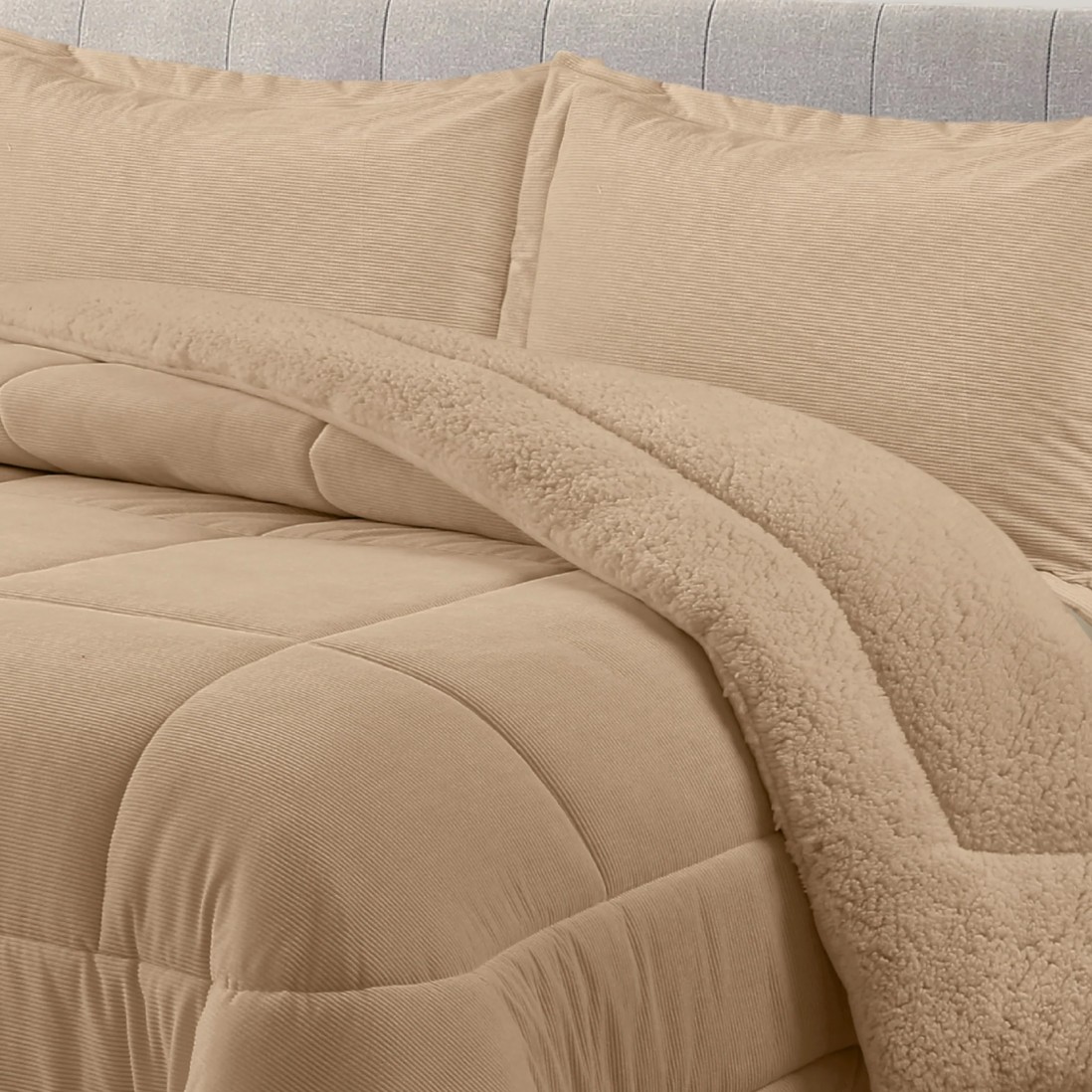 Neri Plain Double Bed Bedspread with Sherpa Taupe