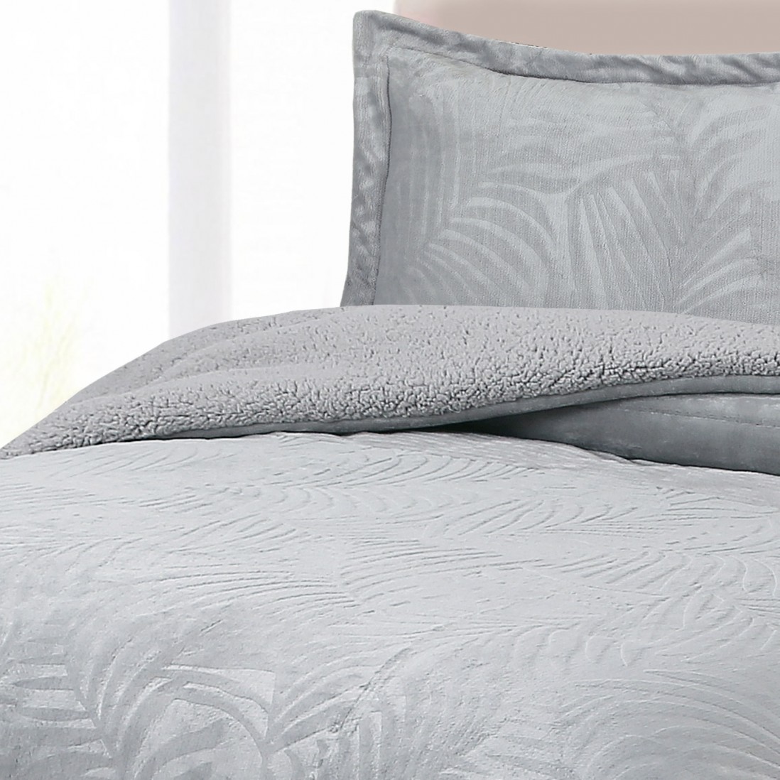 Mari Plain Double Bed Bedspread with Sherpa Gray