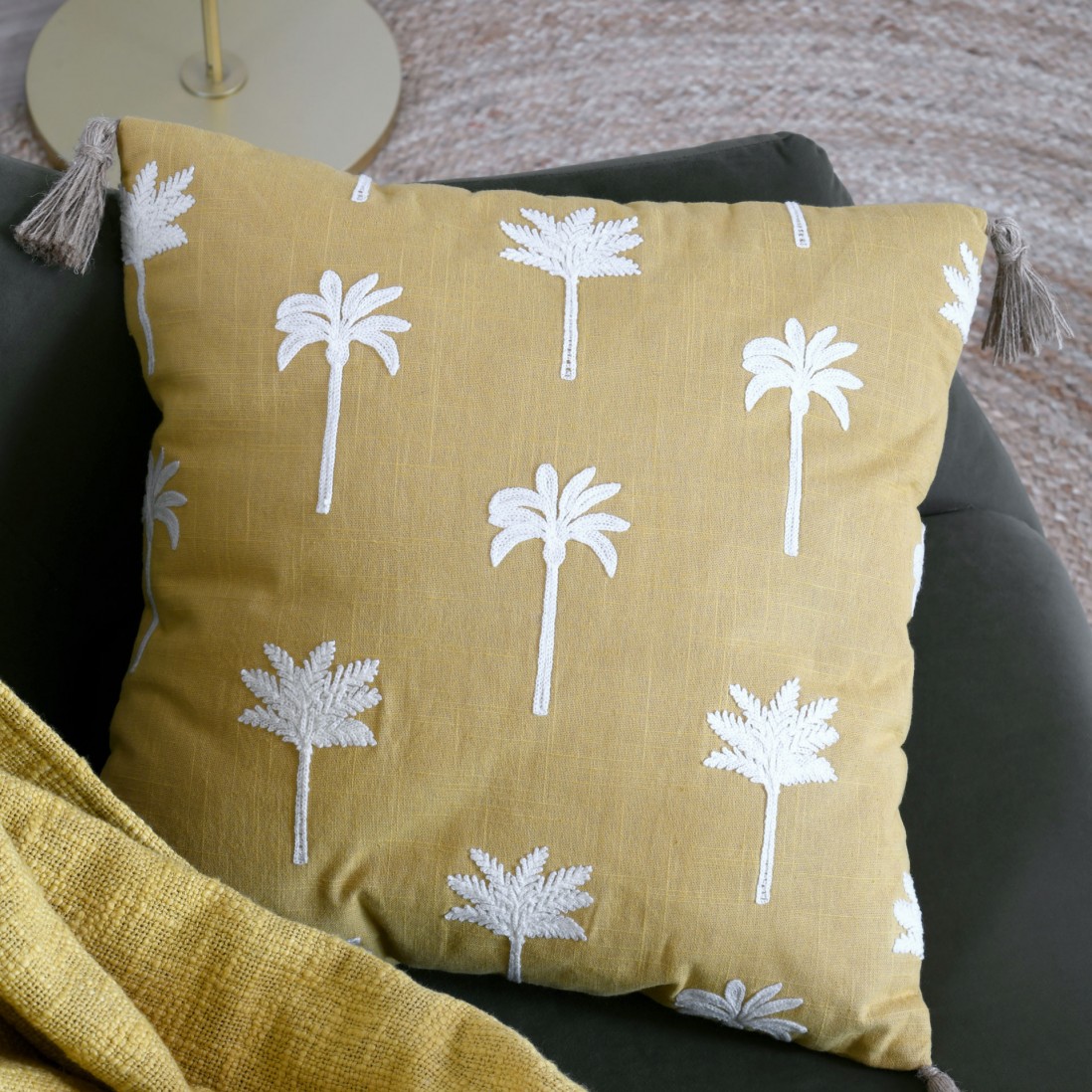 Casablanca cotton cushion mustard yellow with white palm trees embroidery 40 x 40 cm