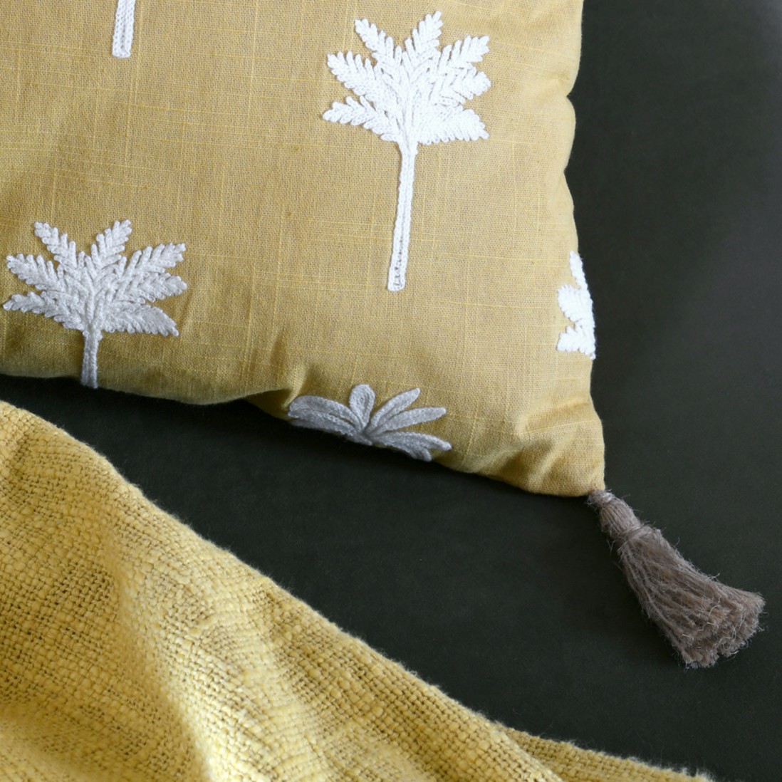 Casablanca cotton cushion mustard yellow with white palm trees embroidery 40 x 40 cm