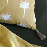 Casablanca cotton cushion mustard yellow with white palm trees embroidery 40 x 40 cm