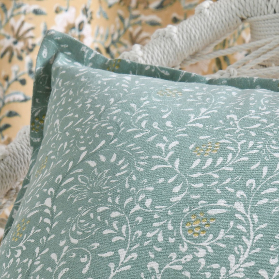 Shana cotton cushion sage with white floral pattern 45 x 45 cm