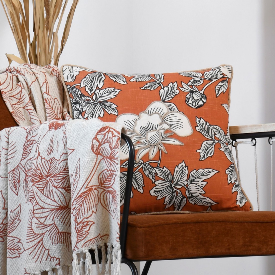 Galicia cotton cushion orange with floral pattern and embroidery details 45 x 45 cm