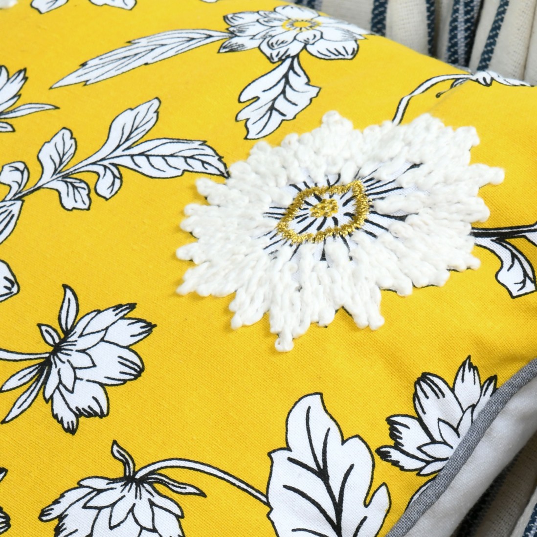 Milly yellow cushion with floral pattern and embroidery details 45 x 45 cm