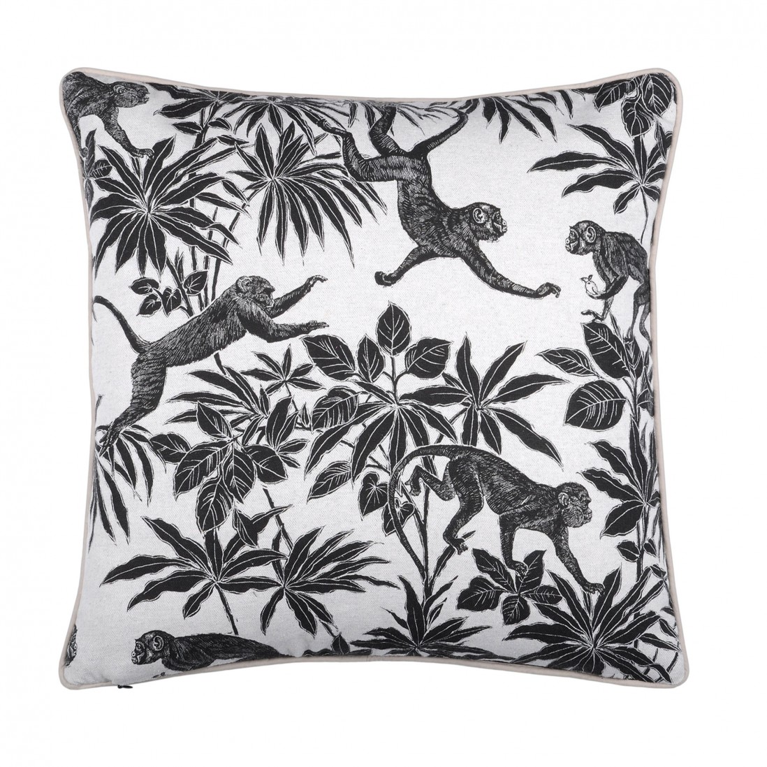 Sapajou cushion black double-sided with monkey and leaf design 50 x 50 cm