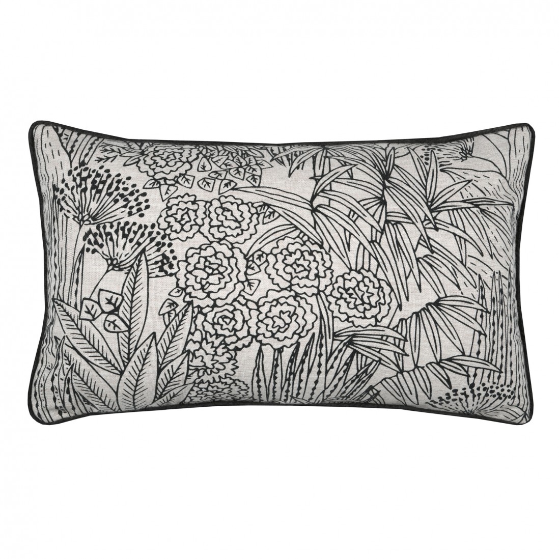 Almofada Orphee dupla face preta e taupe com desenho floral 30 x 50 cm