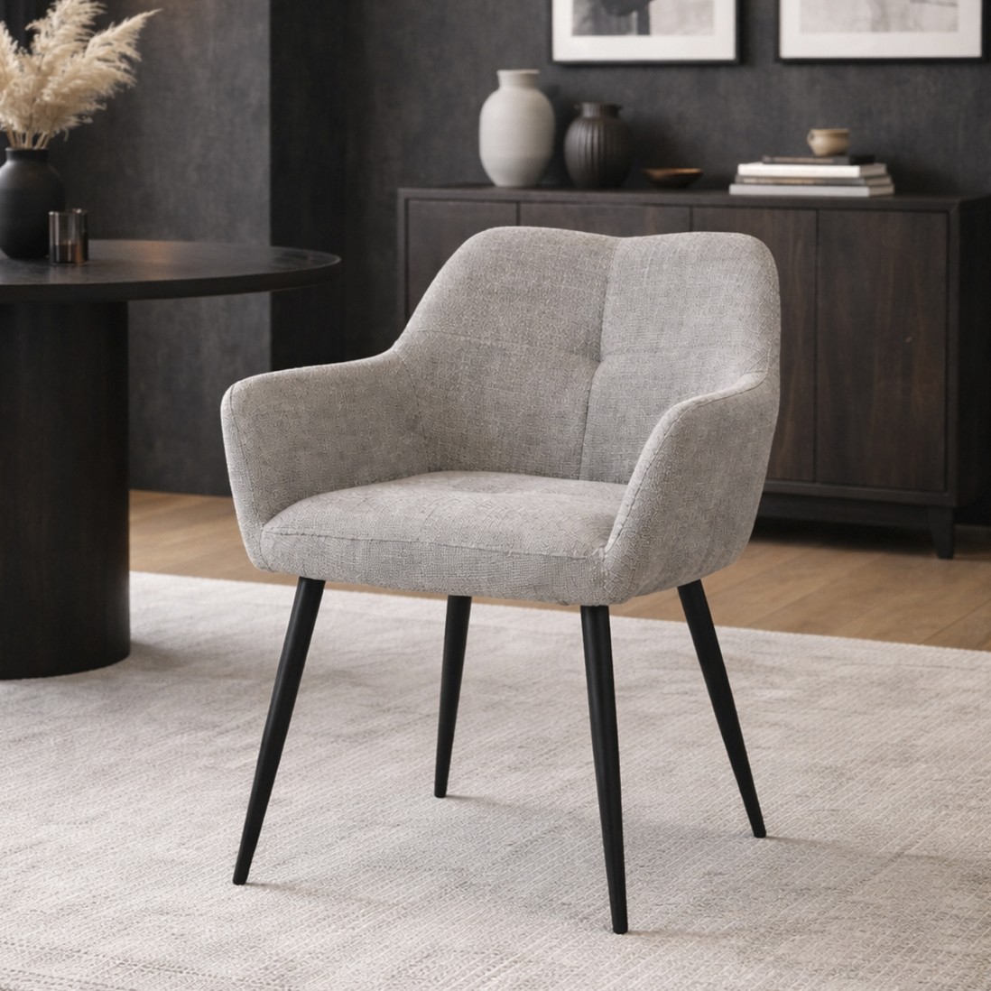 Narbona chair cream lined fabric and black metal legs