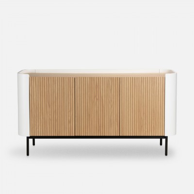 Riparia sideboard with 3 doors oak veneer and white lacquer finish with black metal legs 150 x 80 cm Riparia sideboard with 3 doors oak veneer and white lacquer finish with black metal legs 150 x 80 cm