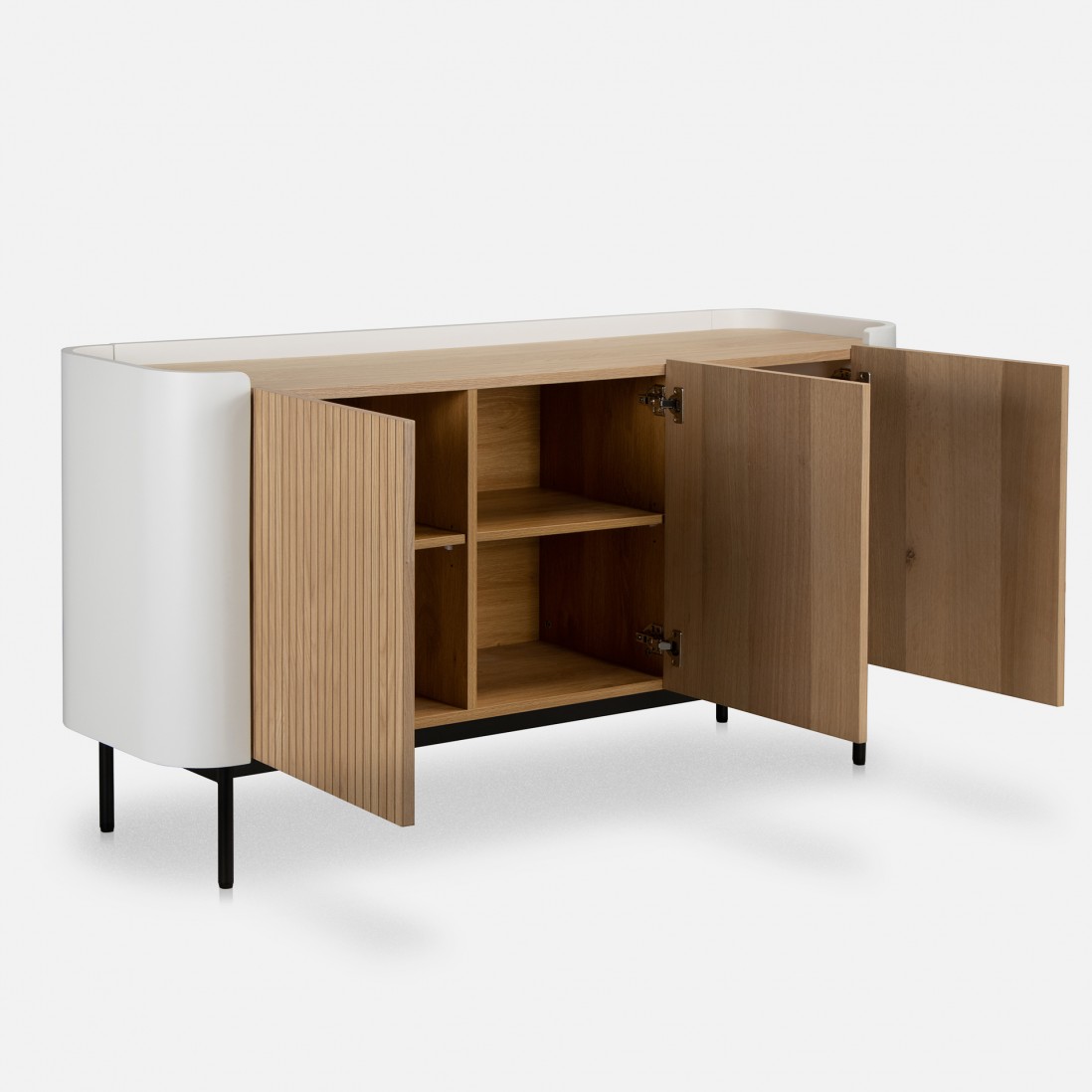 Riparia sideboard with 3 doors oak veneer and white lacquer finish with black metal legs 150 x 80 cm