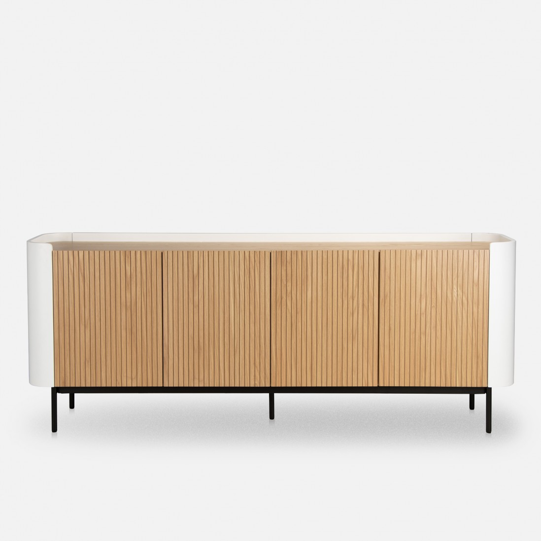 Riparia sideboard with 4 doors oak veneer and white lacquer finish with black metal legs 200 x 80 cm