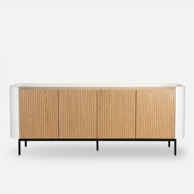 Riparia sideboard with 4 doors oak veneer and white lacquer finish with black metal legs 200 x 80 cm Riparia sideboard with 4 doors oak veneer and white lacquer finish with black metal legs 200 x 80 cm