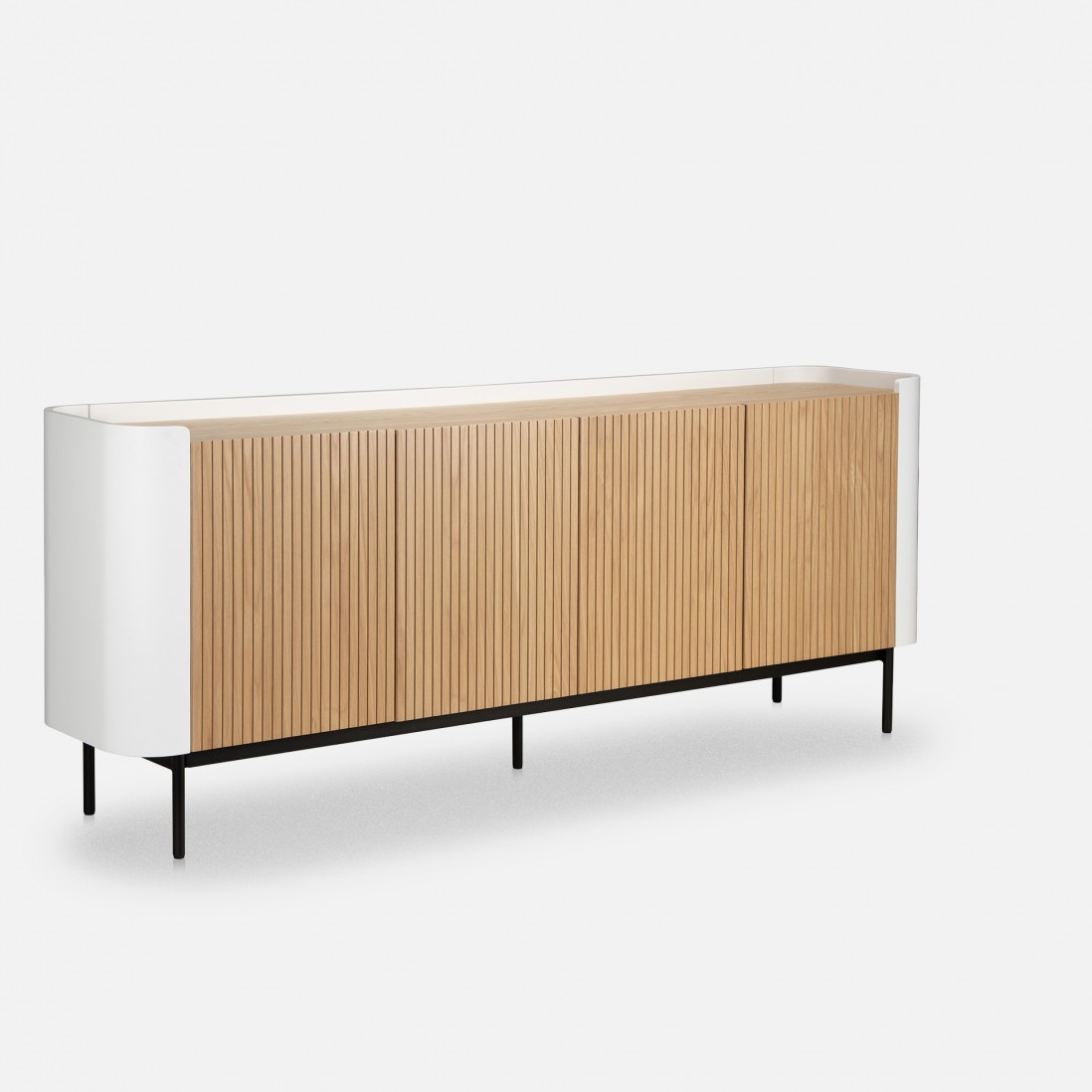 Riparia sideboard with 4 doors oak veneer and white lacquer finish with black metal legs 200 x 80 cm