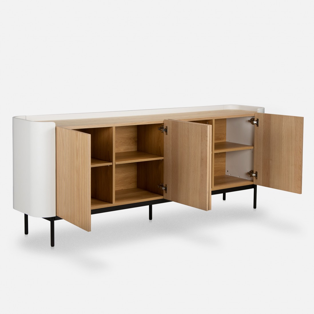 Riparia sideboard with 4 doors oak veneer and white lacquer finish with black metal legs 200 x 80 cm