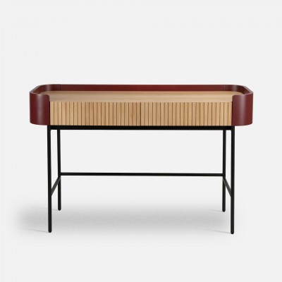Console table with 2 drawers in oak and red lacquer with black metal legs 120 x 40 cm Console table with 2 drawers in oak and red lacquer with black metal legs 120 x 40 cm