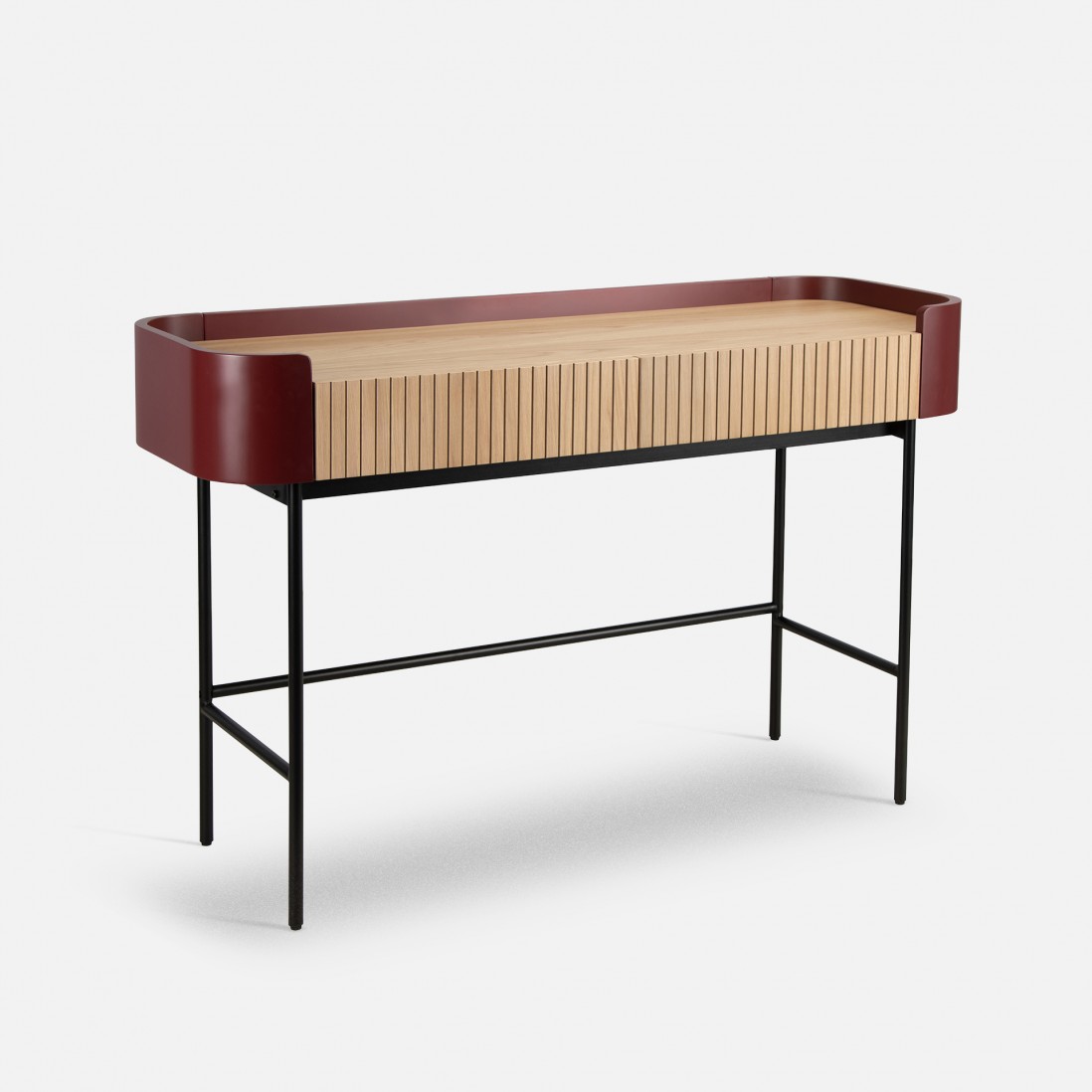 Console table with 2 drawers in oak and red lacquer with black metal legs 120 x 40 cm