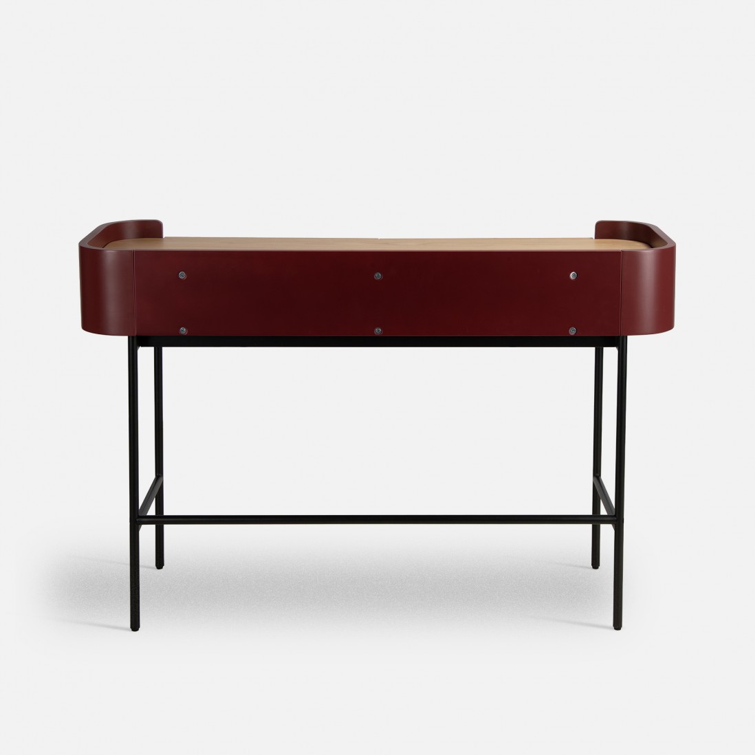 Console table with 2 drawers in oak and red lacquer with black metal legs 120 x 40 cm