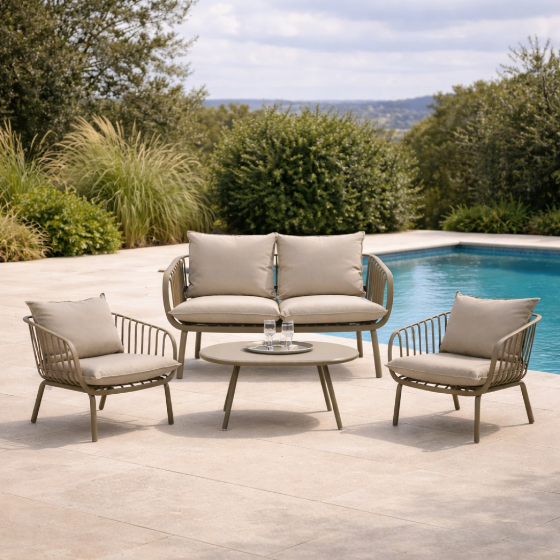 Piave garden set with 2 seater sofa + 2 armchairs and gray coffee table