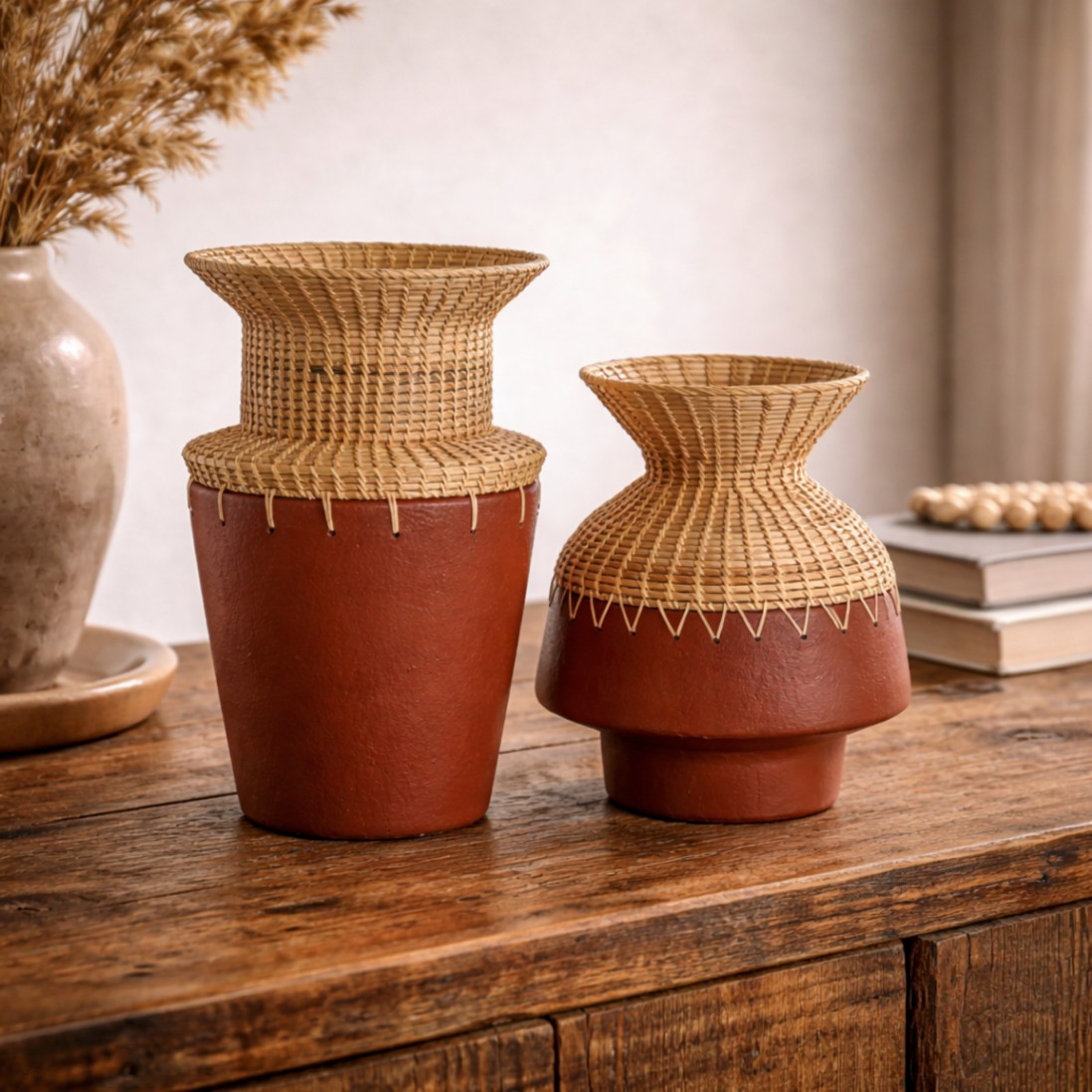 Jar 013 in terracotta and raffia 35 cm