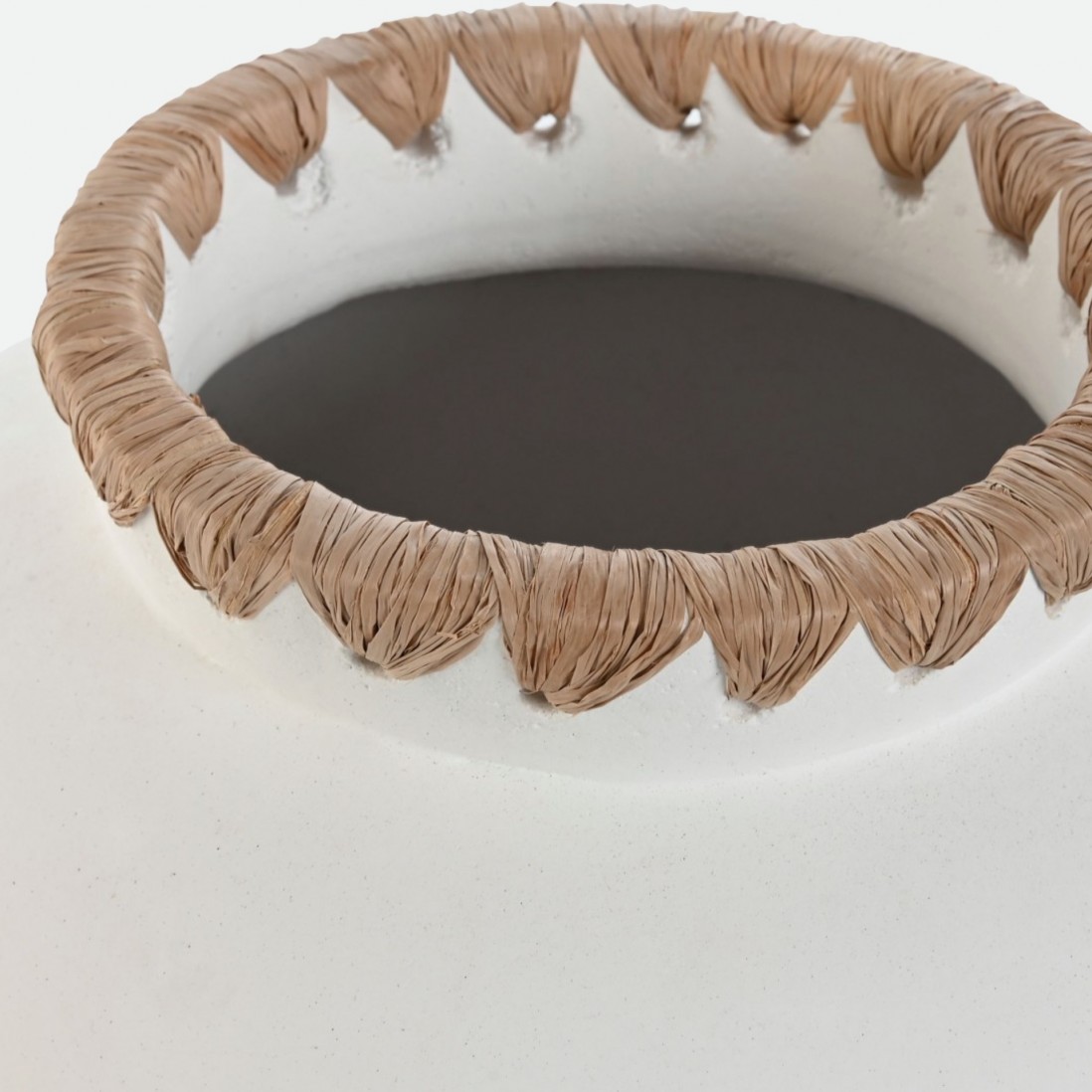 Handmade white jar 213870G in terracotta and raffia