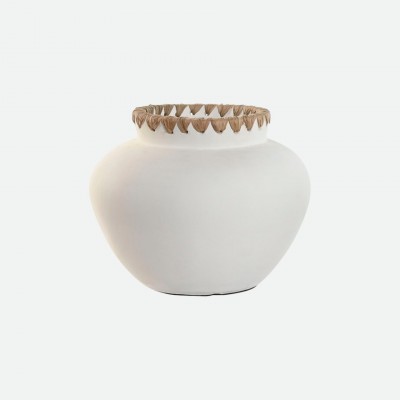 Handmade white jar 213870G in terracotta and raffia