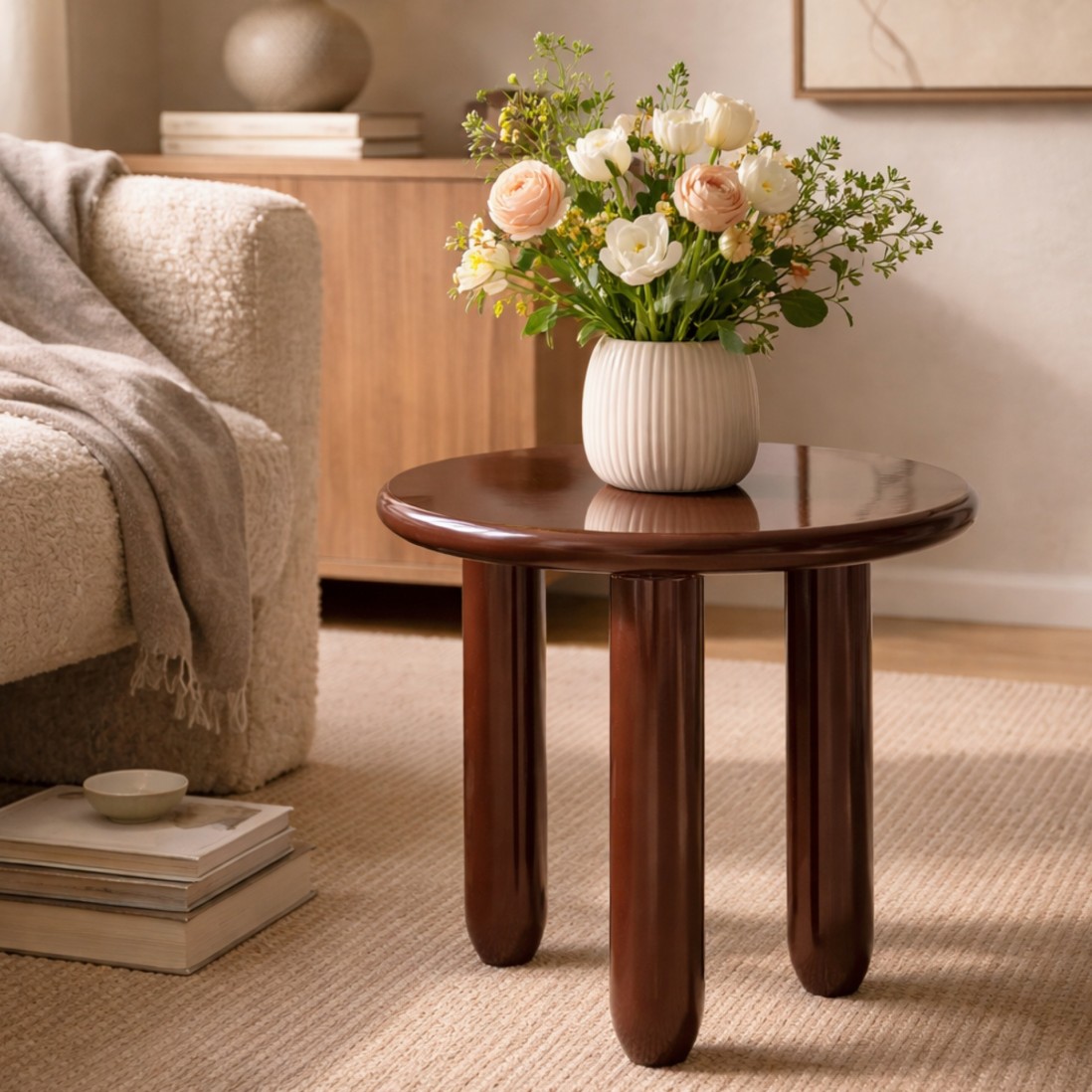 Round side table Garnet lacquered in burgundy �50cm