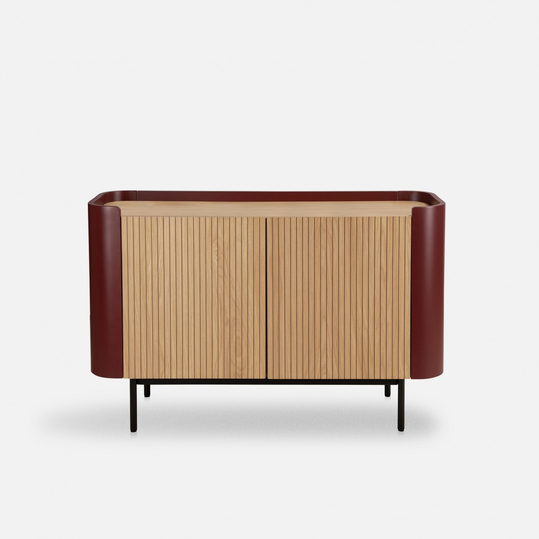 Riparia sideboard with 2 doors oak veneer and red lacquer finish with black metal legs 120 x 80 cm
