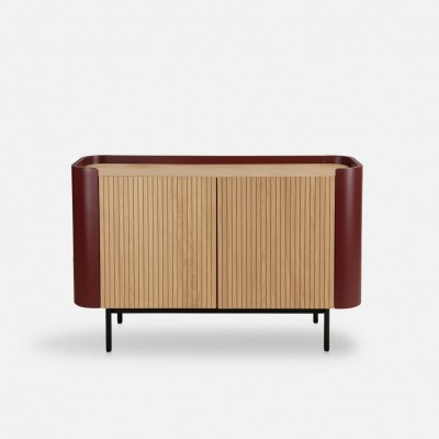 Riparia sideboard with 2 doors oak veneer and red lacquer finish with black metal legs 120 x 80 cm Riparia sideboard with 2 doors oak veneer and red lacquer finish with black metal legs 120 x 80 cm