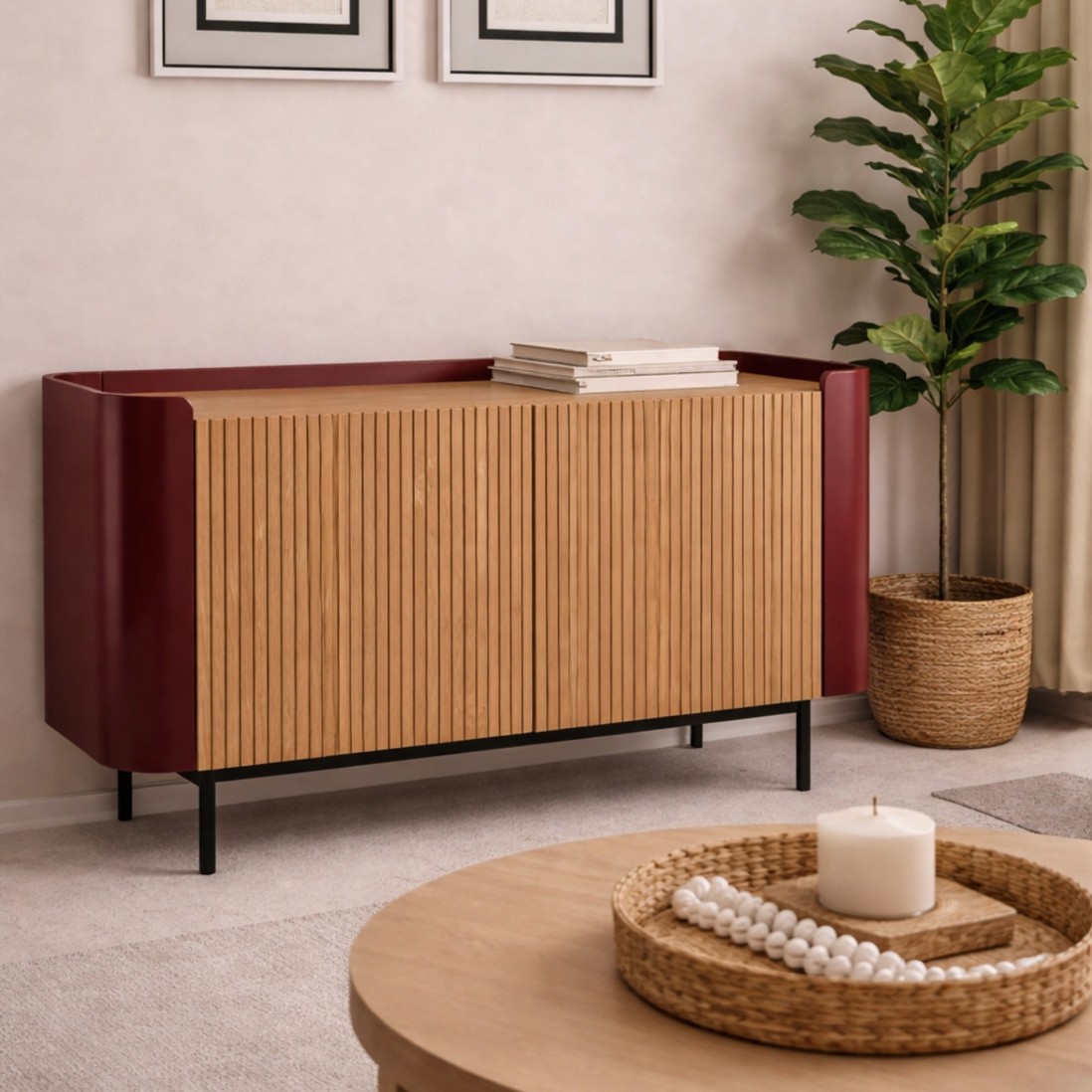 Riparia sideboard with 2 doors oak veneer and red lacquer finish with black metal legs 120 x 80 cm
