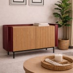 Riparia sideboard with 2 doors oak veneer and red lacquer finish with black metal legs 120 x 80 cm