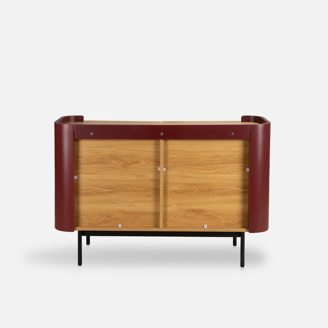 Riparia sideboard with 2 doors oak veneer and red lacquer finish with black metal legs 120 x 80 cm