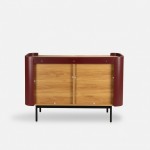 Riparia sideboard with 2 doors oak veneer and red lacquer finish with black metal legs 120 x 80 cm