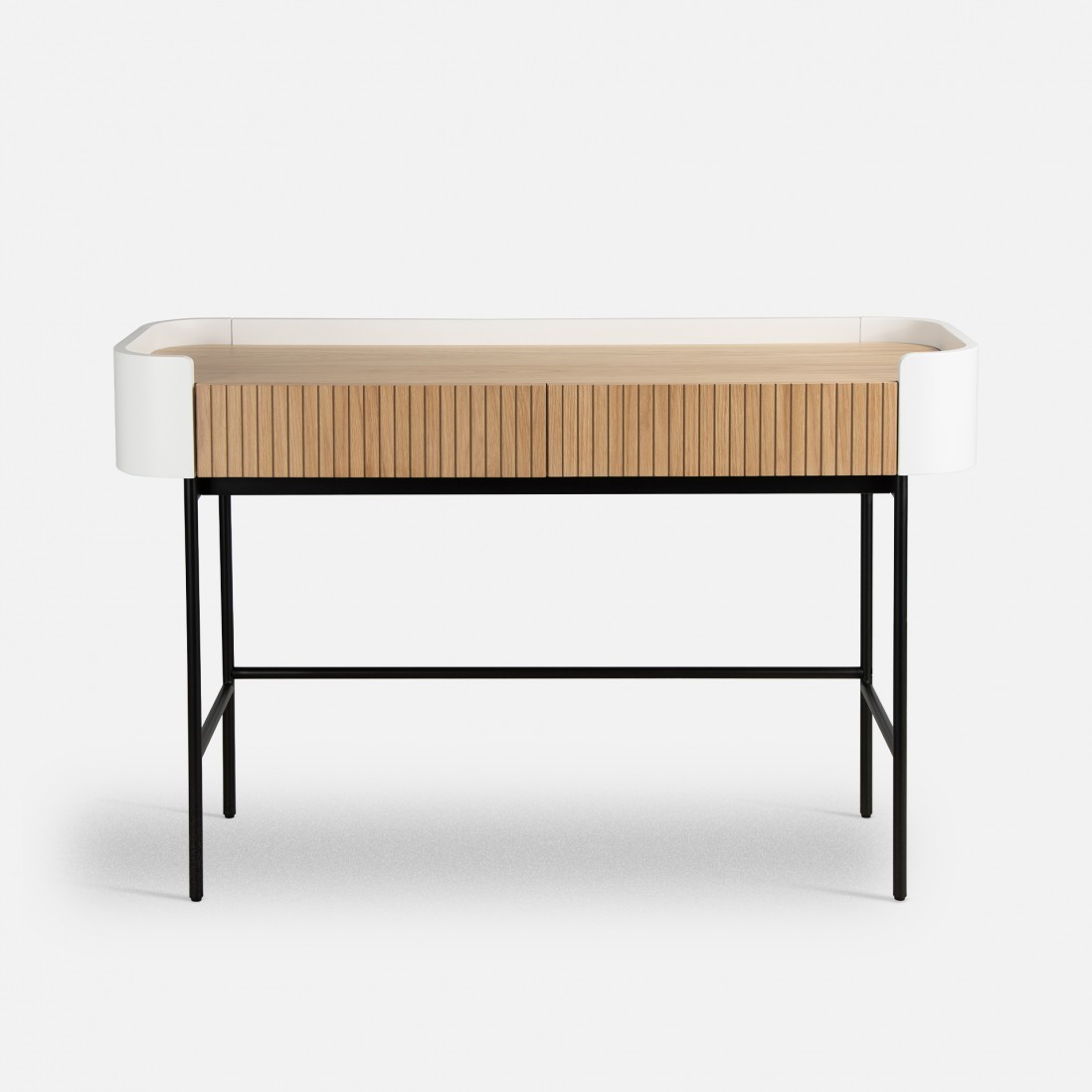 Console table with 2 drawers in oak and white lacquer with black metal legs 120 x 40 cm