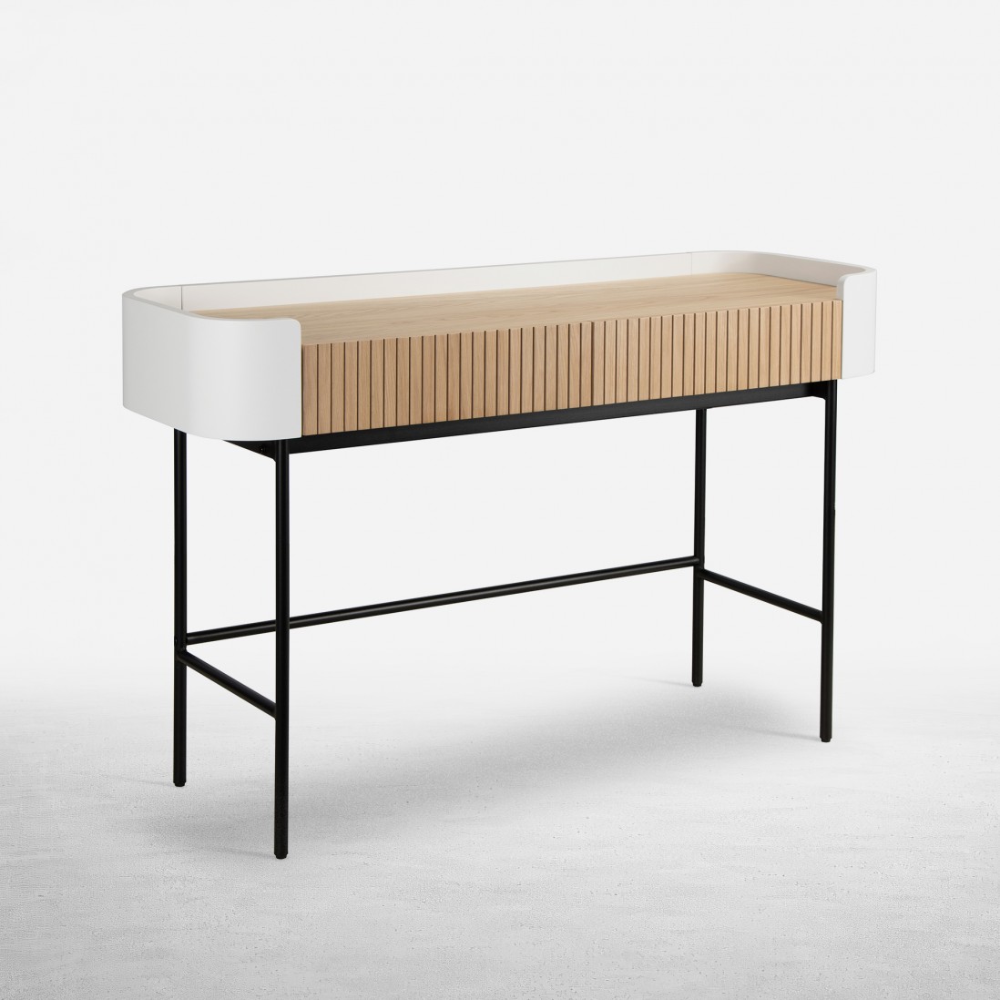 Console table with 2 drawers in oak and white lacquer with black metal legs 120 x 40 cm