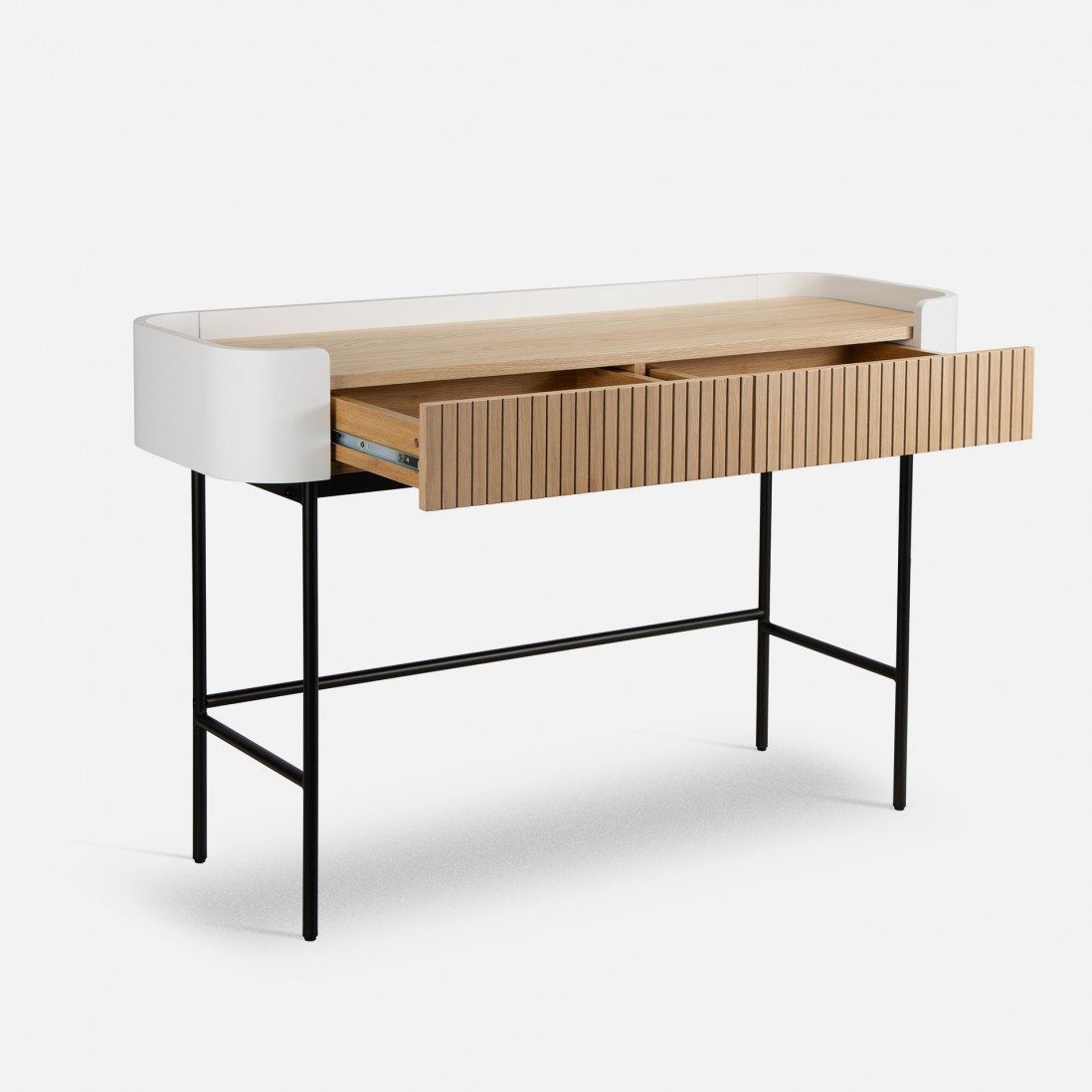 Console table with 2 drawers in oak and white lacquer with black metal legs 120 x 40 cm