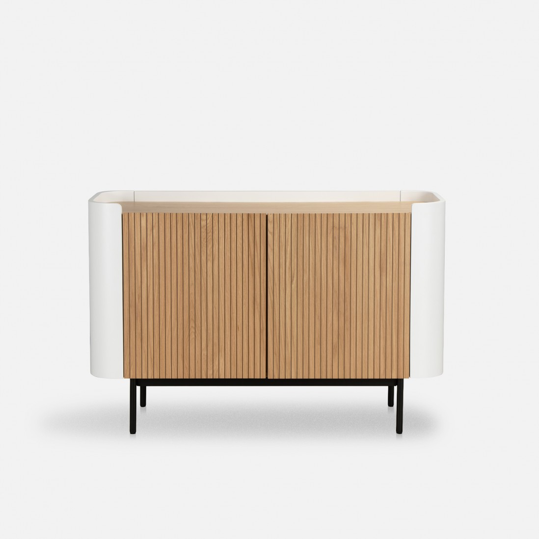 Riparia sideboard with 2 doors oak veneer and white lacquer finish with black metal legs 120 x 80 cm