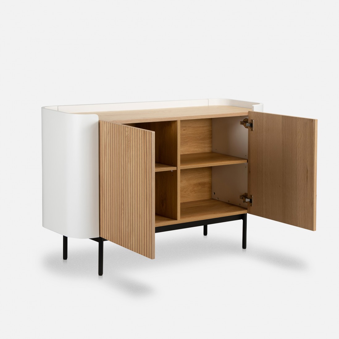 Riparia sideboard with 2 doors oak veneer and white lacquer finish with black metal legs 120 x 80 cm