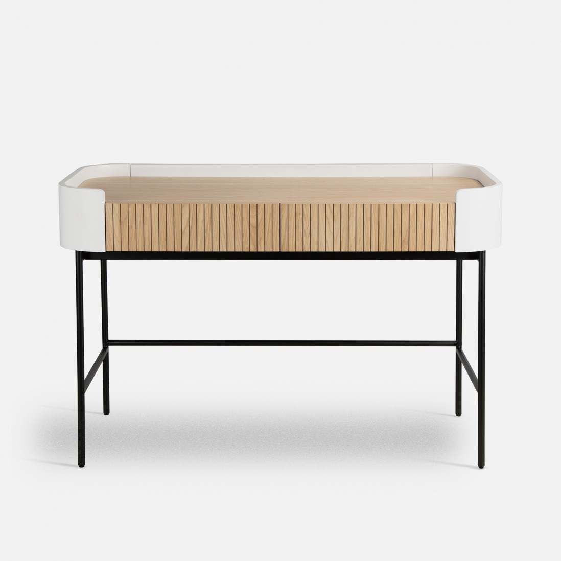 Riparia desk with 2 drawers in oak and white lacquer with black metal legs 120 x 60 cm