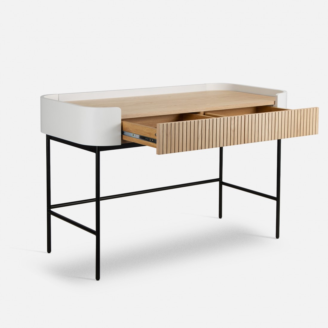 Riparia desk with 2 drawers in oak and white lacquer with black metal legs 120 x 60 cm