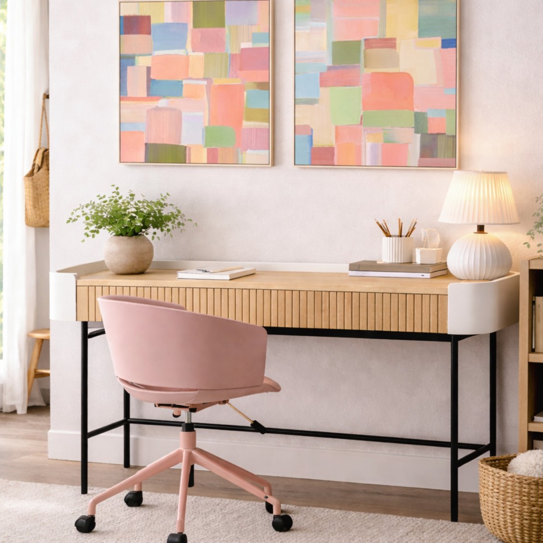 Riparia desk with 2 drawers in oak and white lacquer with black metal legs 120 x 60 cm