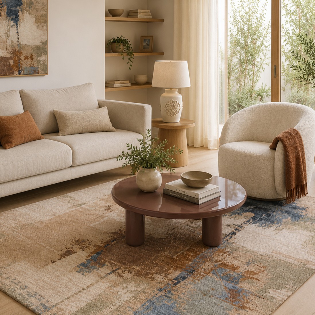 Odense 7403/004 abstract rug in beige brown and blue brown and blue