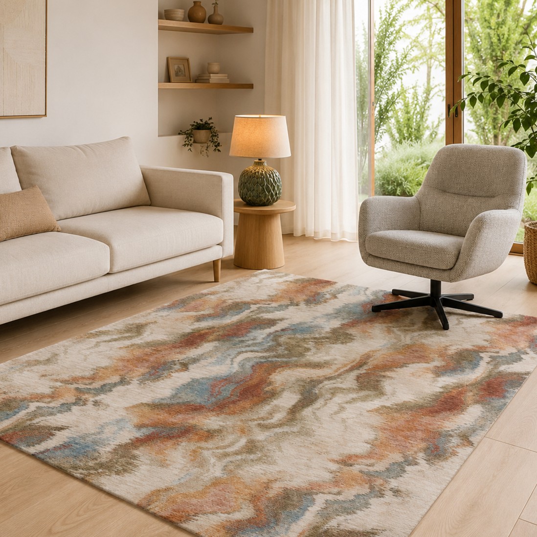 Odense 7435/192 abstract rug in beige brown and blue brown and blue