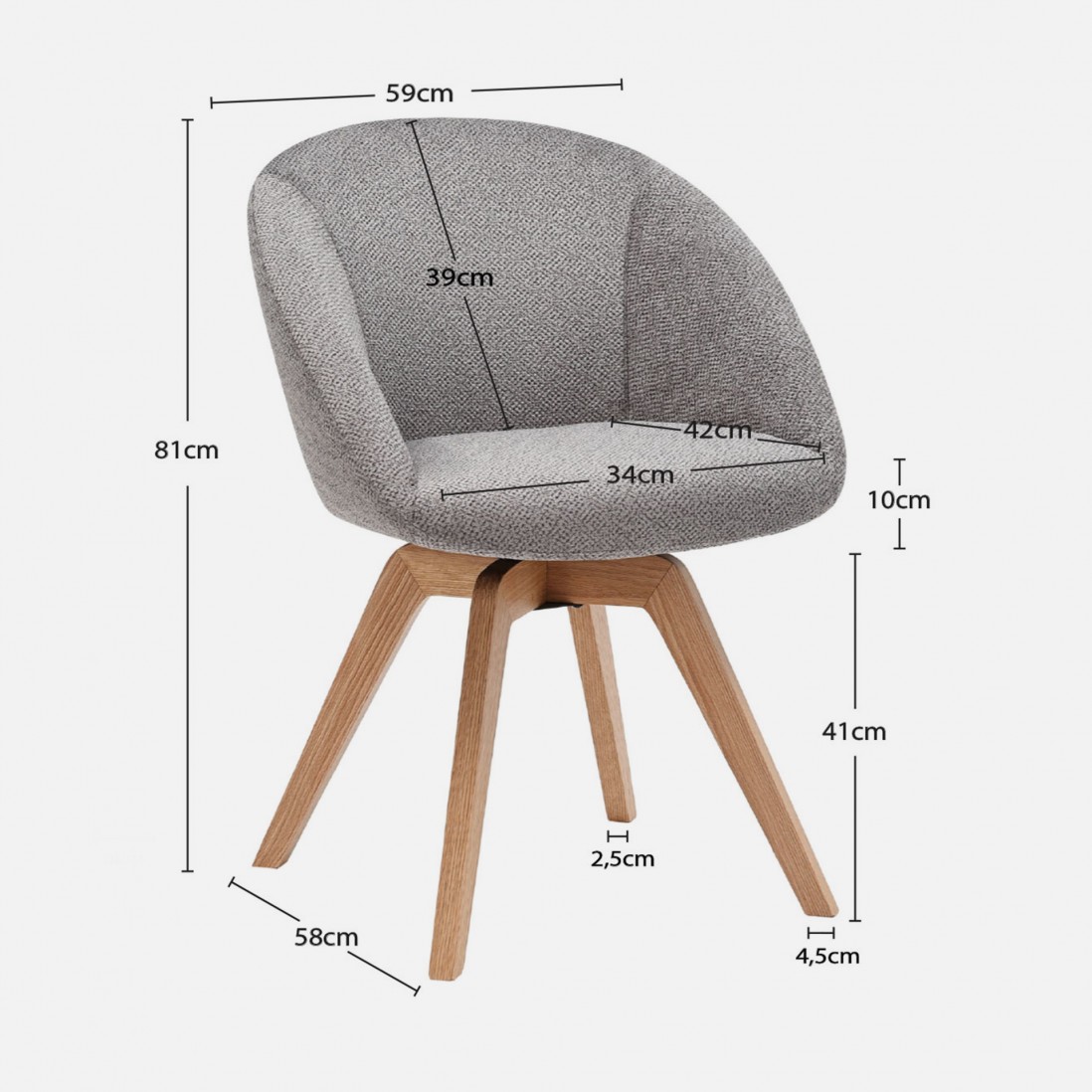 Allos chair gray fabric swivel and nordic style legs in solid beech wood