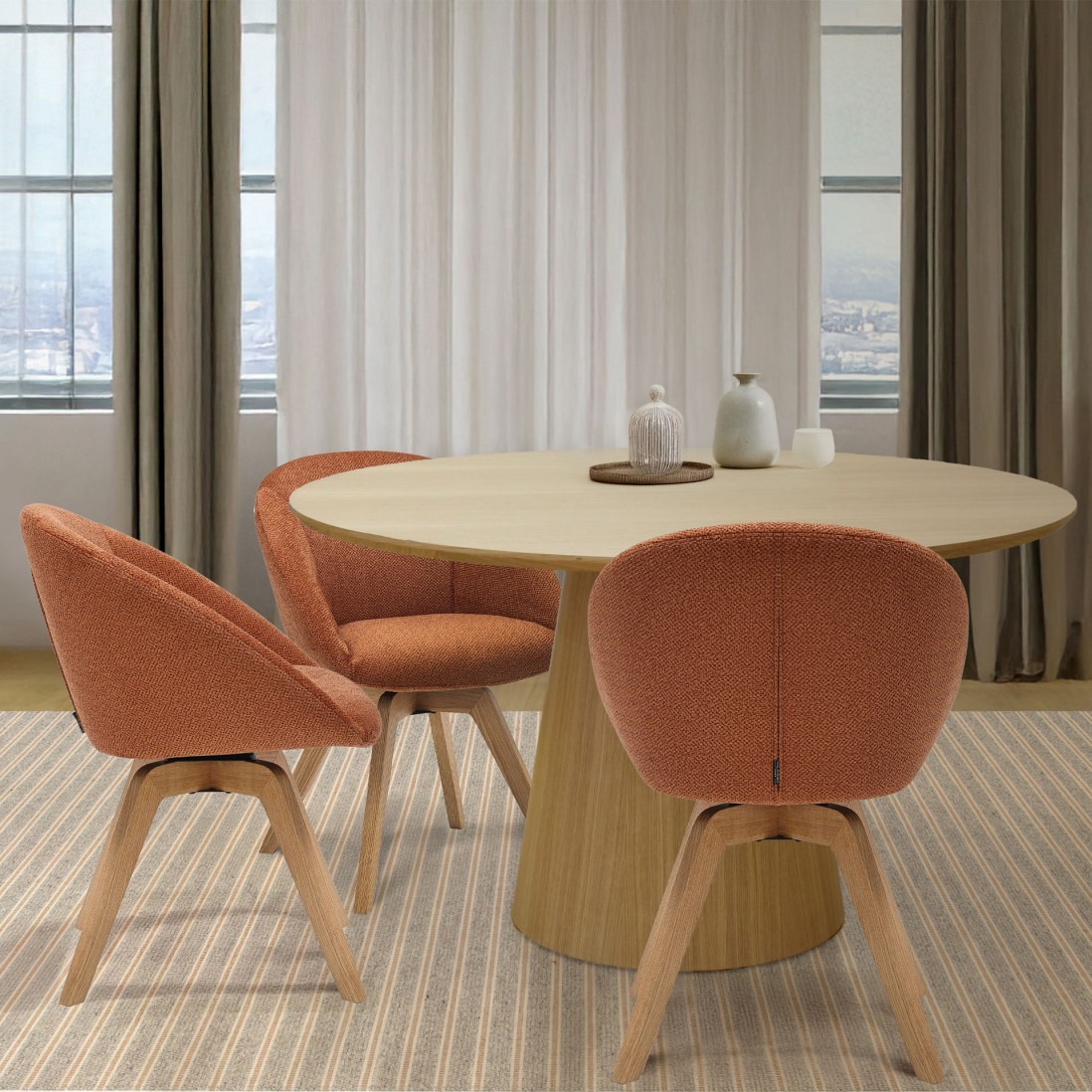Allos chair orange fabric swivel and nordic style legs in solid beech wood with a natural finish