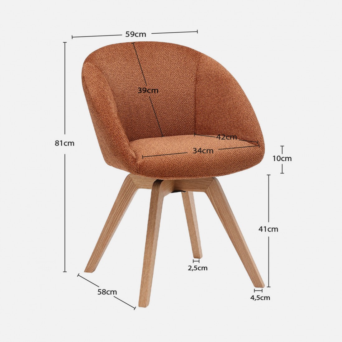 Allos chair orange fabric swivel and nordic style legs in solid beech wood with a natural finish