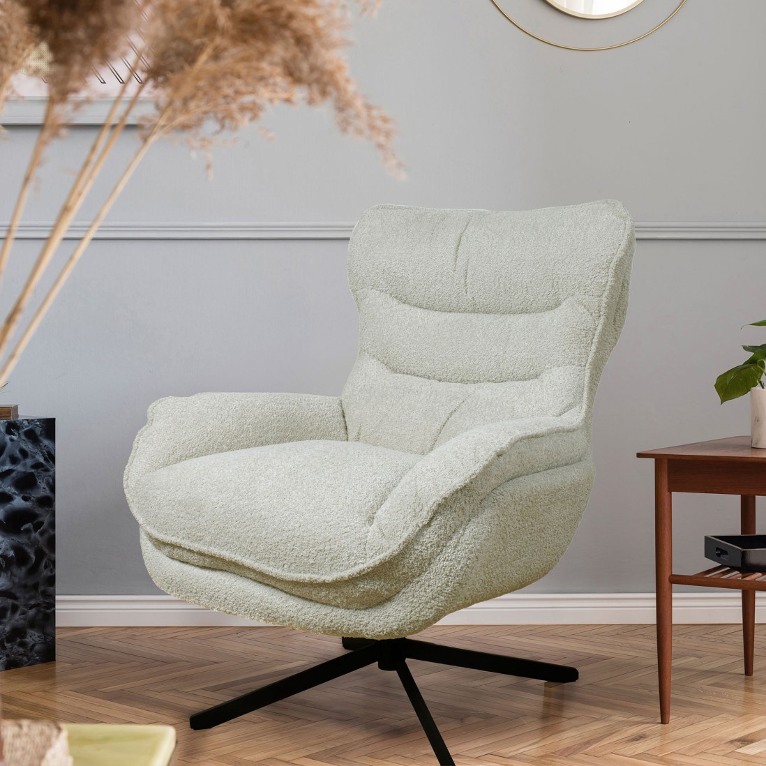 Boucl� Fabric Swivel Armchair Chablis Beige