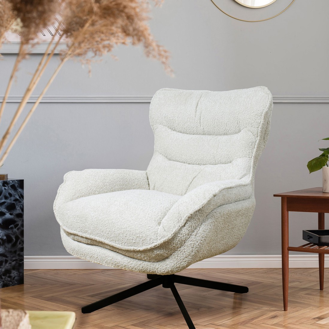 Boucl� Fabric Swivel Armchair Chablis Cream Beige