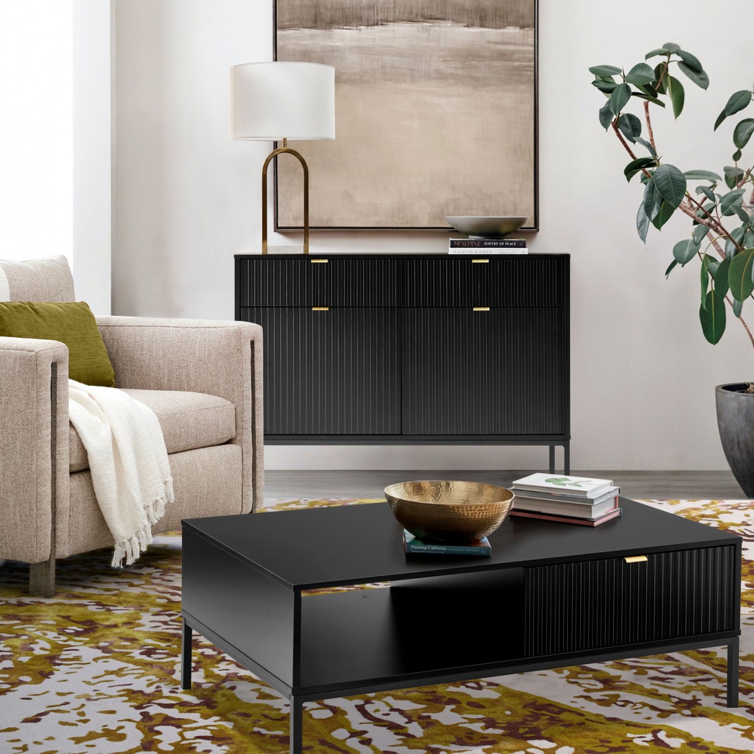 Wooden 2-Door with Drawers Sideboard Virgo Black