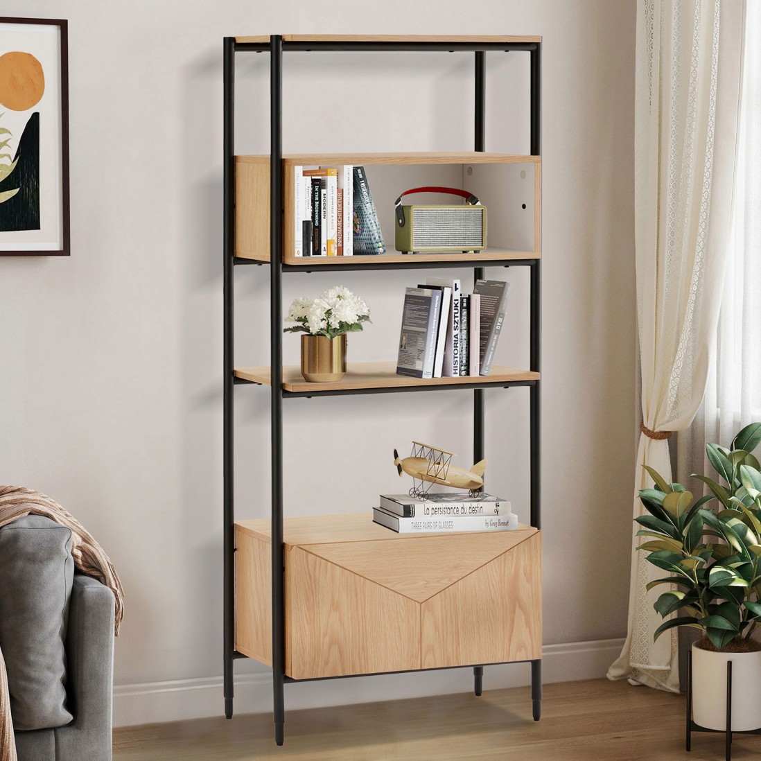 Oak Wood Bookcase with Drawer Scutum Brown