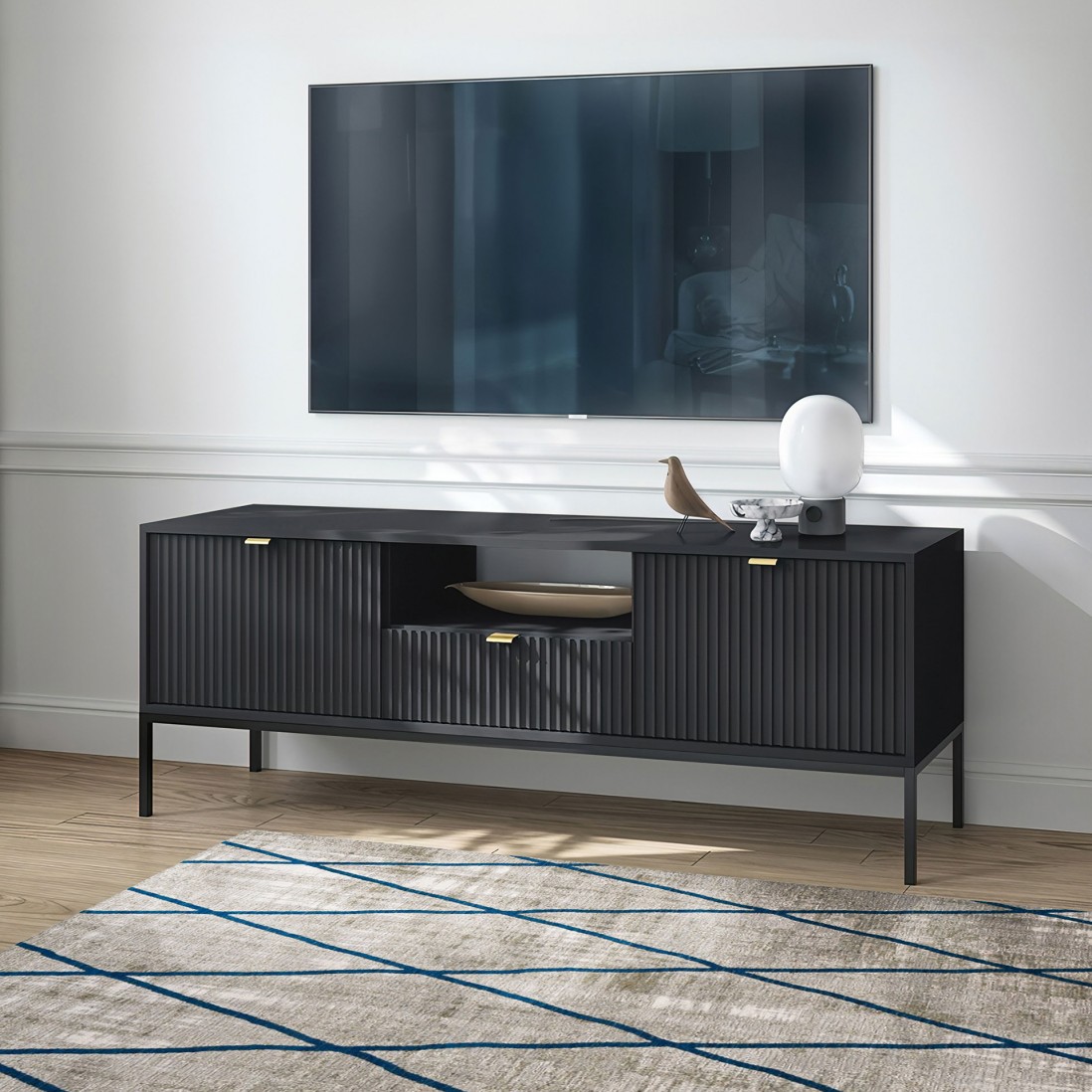 Wooden TV Bench Virgo with Storage Black