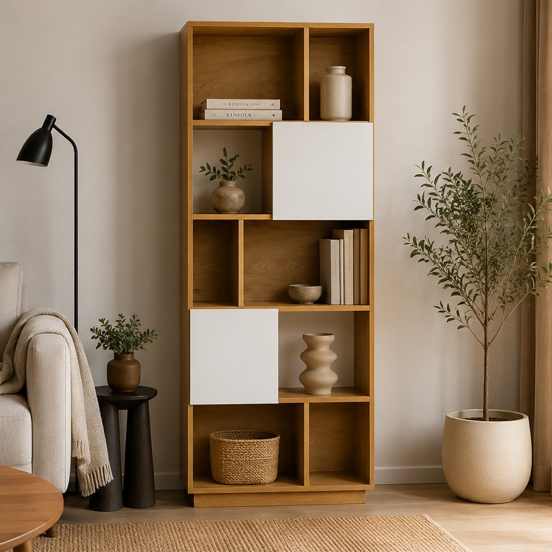 Rupel oak effect shelving unit with white doors 80cm
